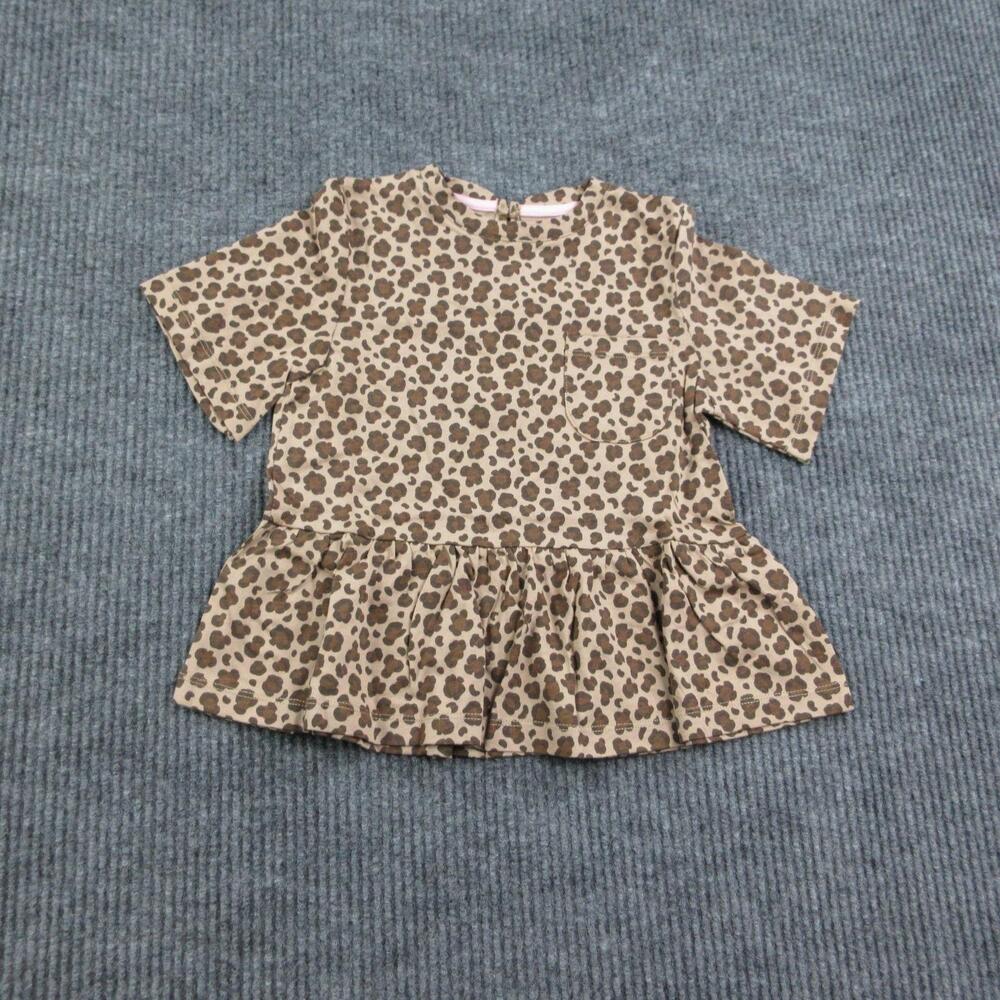 Mini Boden Blouse Girls 6-7 Years Beige Animal Print Ruffle Pockets NWT